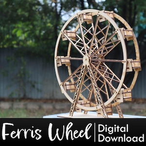 Könnte beinhalten: Ein Holzmodell eines Riesenrads mit detaillierten Speichen und Passagierwagen. Das Modell ist zusammengebaut und bereit zum Ausstellen. Digitaler Download.