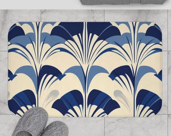 Tapete de banheiro Art Déco: Estampa geométrica azul, tapete antiderrapante para banheiro, espuma viscoelástica de microfibra.