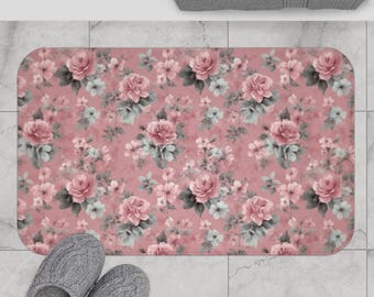 Vintage Pink Rose Bath Mat : Floral Bathroom Rug, Home Decor