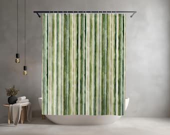 Green Watercolor Striped Shower Curtain- Boho Colorful Bathroom Decor