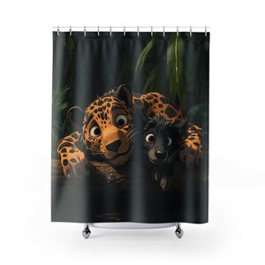 Cortina de ducha Jungle Friends: adorable diseño de cachorro con estampado de leopardo, decoración de baño, regalo para amantes de los animales, baño infantil, accesorios de baño