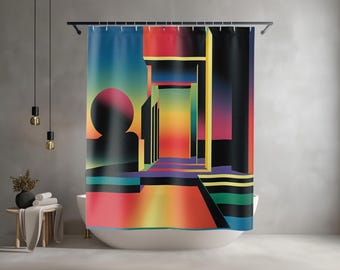 Cortina de ducha geométrica abstracta: estampado vibrante naranja y azul, decoración para el baño