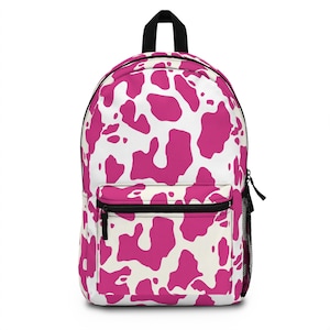 Pink Cow Print Backpack: Stylish Polyester School Bag