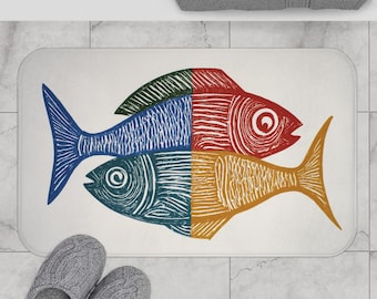 Tappetino da bagno a tema pesci con vivaci colori oceanici: tappeto da bagno in stile costiero, decorazione per il bagno a tema vita marina.