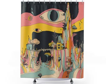 Puede incluir: Cortina de ducha colorida con una ilustración surrealista de un paisaje y un ojo grande. El diseño incluye una montaña, casas y un río, con una paleta de rosa, amarillo, naranja y azul.