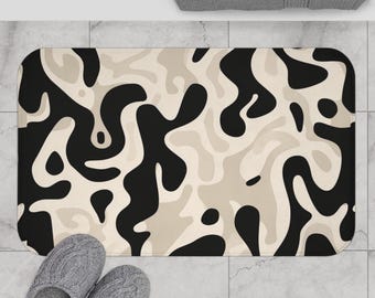 Black Beige Abstract Camo Bath Mat : Modern Bathroom Decor, Non-Slip Bathroom Rug