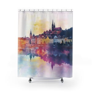 Watercolor Cityscape Shower Curtain: Modern Boho Bathroom Decor
