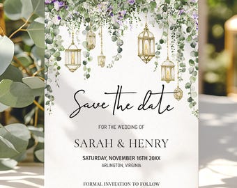 Purple Floral Eucalyptus Save the Date Template, Lantern Greenery Wedding Card, Botanical Garden Invite (5x7")
