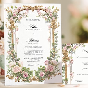 Blush Pink and Greenery Floral Wedding Invitation with rsvp template bundle, Gold vintage border wedding printable, estate wedding, LILIA
