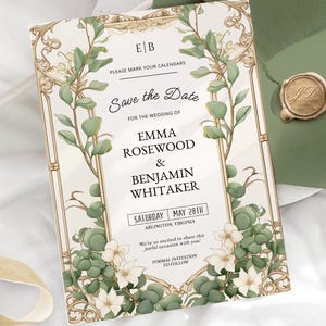 Elegant Eucalyptus Save the Date with photo editable Template, Greenery and gold Wedding Date card, Unique vintage wedding invite, EVELYN