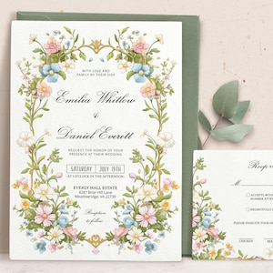 Vibrant Wildflower Wedding Invitation RSVP Template Set, Editable Printable Pastel Floral Invite Suite, Garden floral Wedding card, ELIA