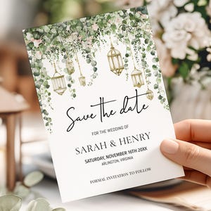 Rustic Lantern Greenery Save the Date Template | Hanging Vines Editable Wedding Announcement Card with Eucalyptus