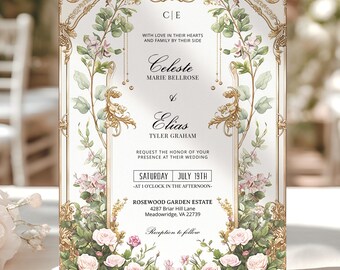Art Nouveau Blush Floral Invitation |  Pink & Gold Vintage Ornate Frame Printable Template [LILIA]