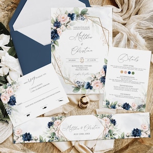 Paquete de invitaciones de boda en tonos rosa ruborizado y azul marino, invitación floral geométrica dorada con tarjeta de detalles, confirmación de asistencia con opción de comida, NADINE