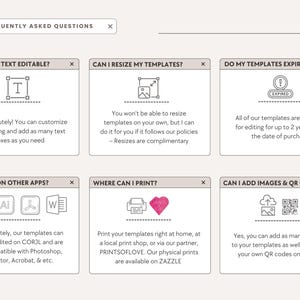 May include: A webpage with a light beige background features a "Frequently Asked Questions" section. The questions are in white boxes with icons and text. Topics include editing, resizing, expiration, printing, and adding images.