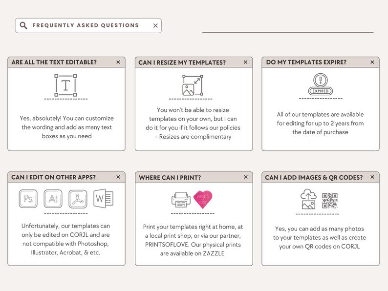 May include: A webpage with a light beige background features a "Frequently Asked Questions" section. The questions are in white boxes with icons and text. Topics include editing, resizing, expiration, printing, and adding images.