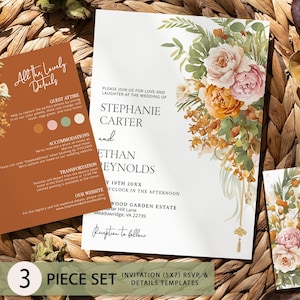 Invitación de boda naranja óxido con tarjeta de confirmación de asistencia y detalles, estilo bohemio otoñal, flores de jardín, verde salvia terracota, rosa ruborizado y dorado, TERRA