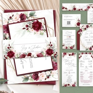 Burgundy Blush Wedding Invitation Suite: Floral Greenery, Gold Geometric Editable Template [CLARA]
