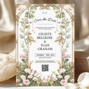 May include: A wedding invitation with a floral design. The invitation features the text "Save the Date" and the names Celeste Bellrose & Elias Graham. The date is Saturday, May 28th, in Arlington, Virginia. The design includes pink roses and green foliage.