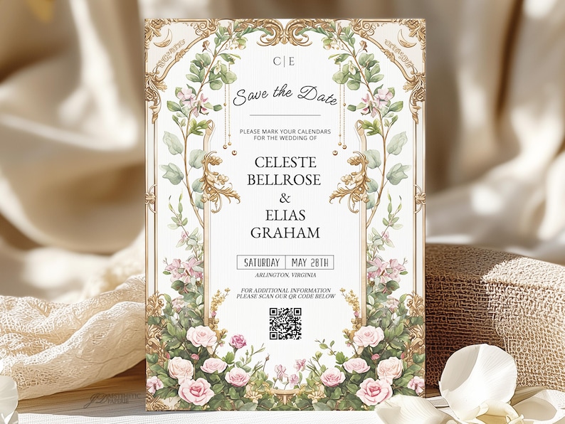May include: A wedding invitation with a floral design. The invitation features the text "Save the Date" and the names Celeste Bellrose & Elias Graham. The date is Saturday, May 28th, in Arlington, Virginia. The design includes pink roses and green foliage.