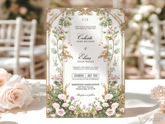 Art Nouveau Blush Floral Invitation |  Pink & Gold Vintage Ornate Frame Printable Template [LILIA]