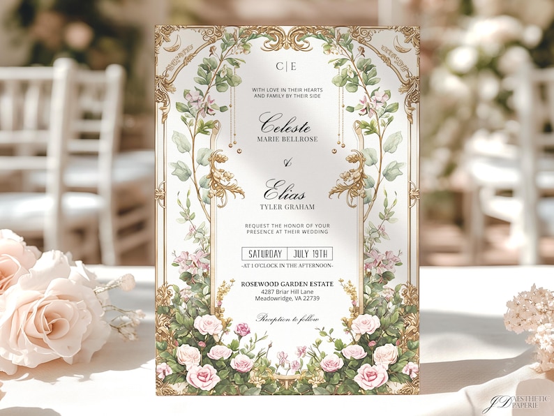 May include: Elegant wedding invitation with floral and gold accents. The invitation features the names Celeste and Elias, with the date July 19th. The design includes roses, greenery, and ornate gold frames. The text reads "Rosewood Garden Estate".