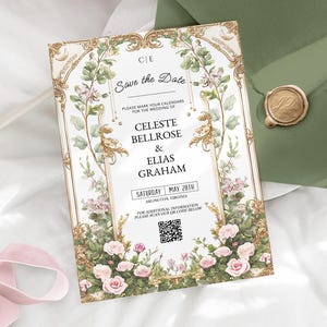 May include: A wedding invitation with floral and gold accents. The text reads "Save the Date" and includes the names Celeste Bellrose & Elias Graham, with the date May 28th. A QR code is included.