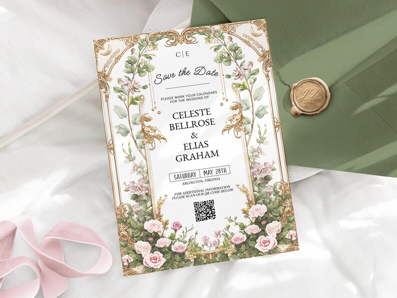 May include: A wedding invitation with floral and gold accents. The text reads "Save the Date" and includes the names Celeste Bellrose & Elias Graham, with the date May 28th. A QR code is included.