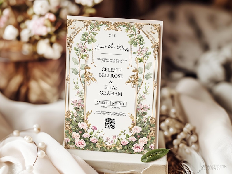 May include: A floral wedding invitation with the text "Save the Date." The design features a decorative border with flowers and foliage, and includes the names Celeste Bellrose & Elias Graham, and the date May 28th.