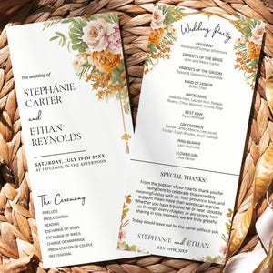 Plantilla de programa de boda en color naranja terracota, itinerario floral bohemio para boda, ceremonia de recepción, tarjeta de programa de ceremonia moderna, TERRA