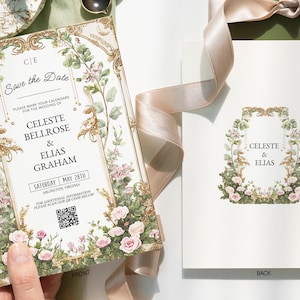 May include: Wedding invitation with floral and gold accents. The front of the invitation reads "Save the Date" with the names Celeste Bellrose & Elias Graham, and the date May 28th. The back of the invitation has the names Celeste & Elias.
