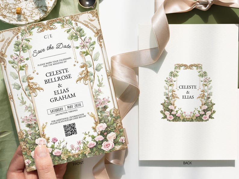 May include: Wedding invitation with floral and gold accents. The front of the invitation reads "Save the Date" with the names Celeste Bellrose & Elias Graham, and the date May 28th. The back of the invitation has the names Celeste & Elias.