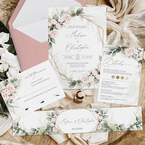 Set di inviti per matrimonio rosa cipria e verde salvia, icone per la cena RSVP, scheda con i dettagli, fascia per la pancia, biglietto di ringraziamento, pacchetto di modelli modificabili, LILIAN