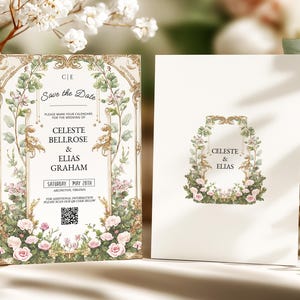 May include: Elegant wedding invitation suite featuring floral and gold accents. The main card reads "Save the Date" with the names Celeste Bellrose & Elias Graham. The date is Saturday, May 28th, in Arlington, Virginia.