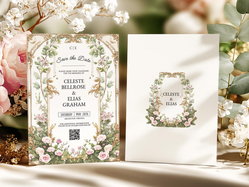 May include: Elegant wedding invitation suite featuring floral and gold accents. The main card reads "Save the Date" with the names Celeste Bellrose & Elias Graham. The date is Saturday, May 28th, in Arlington, Virginia.