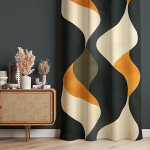 May include: Curtains with a geometric pattern in shades of black, cream, and orange. The pattern features curved lines and abstract shapes.