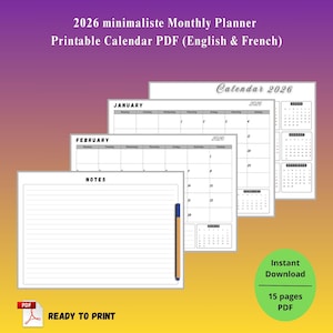 Minimaliste Printable Monthly Planner, 2026  Agenda (English & French version)