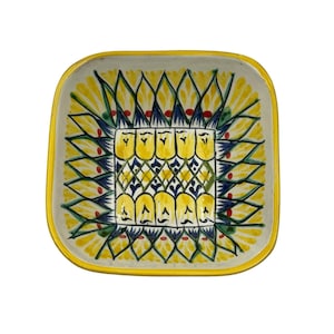 Uzbek ceramics | Ceramic Square Bowl | Hand-painted with Floral Patterns | Traditional Central Asian Design | Vibrant Orange and Greens
