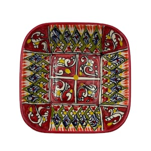 Uzbek ceramics | Ceramic Square Bowl | Hand-painted with Floral Patterns | Traditional Central Asian Design | Vibrant Reds and Greens