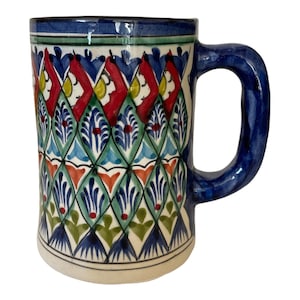 Uzbek ceramics | Ceramic Beer Mug | Hand-painted with OvalPatterns | Traditional Central Asian Design | Vibrant Blues and Greens