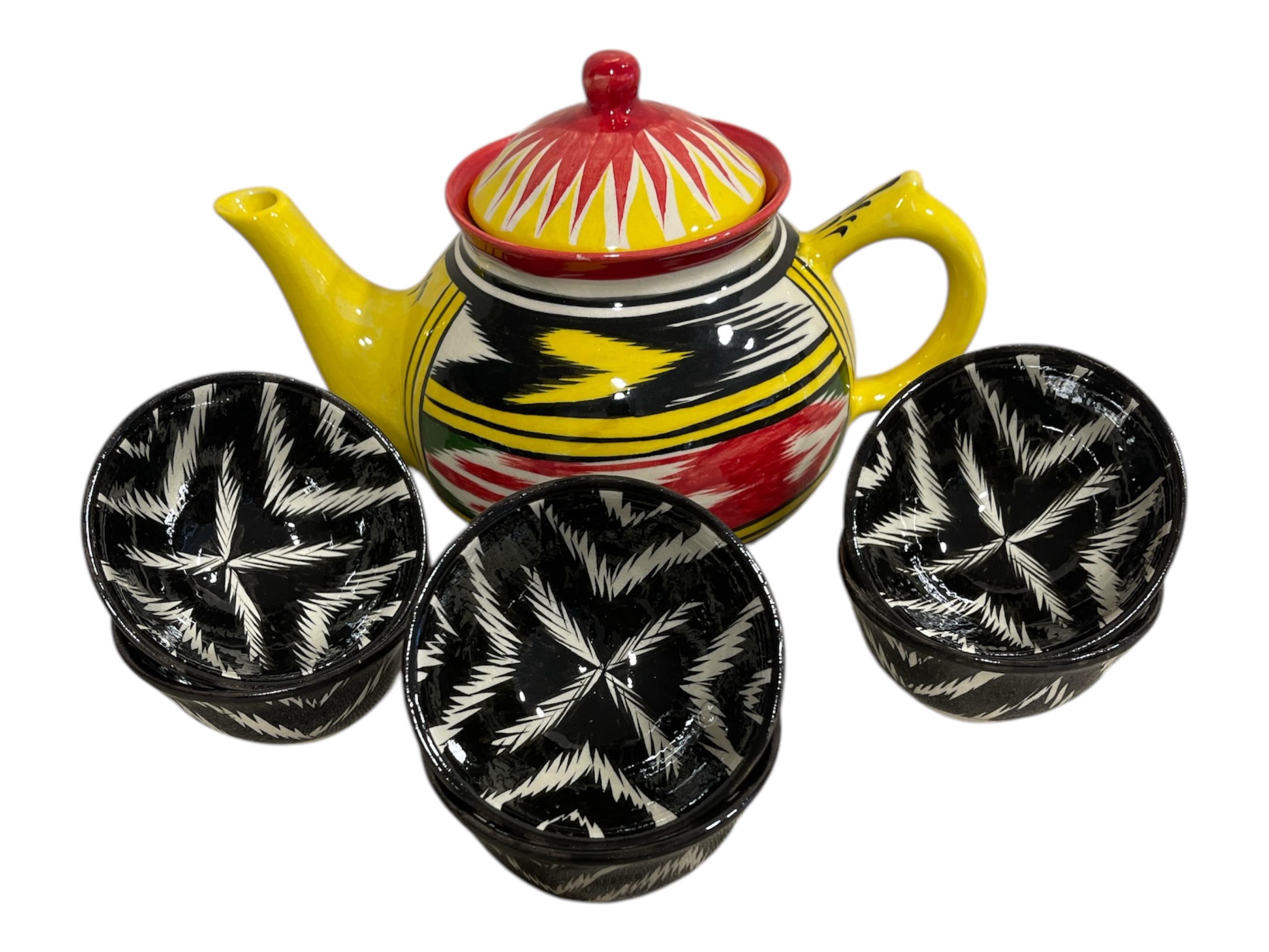 ウズベキスタン アドラス柄 陶器 ティーポット、受け皿、カップ2個付き Uzbek teapot - Etsy 日本