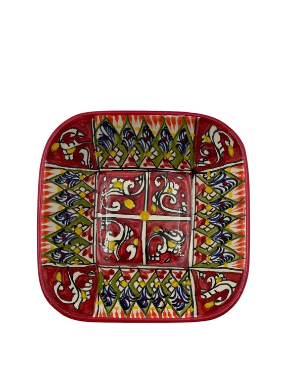 ウズベキスタンリシタン陶器 手描き花模様の陶器ボウルB 手描きの