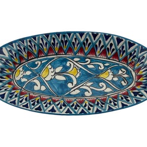 Uzbek ceramics | Ceramic oval plate | Hand-painted with Floral Patterns | Traditional Central Asian Design | Vibrant Turquoise Colors