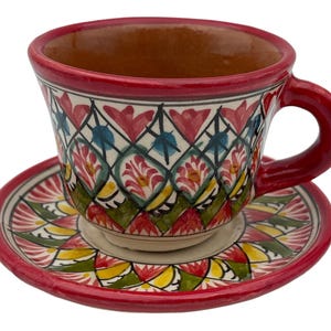 Uzbek Ceramics | Ceramic Coffee Set | Hand-painted with Floral Patterns | Traditional Central Asian Design | Vibrant Reds and Blues