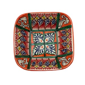 Uzbek ceramics | Ceramic Square Bowl | Hand-painted with Floral Patterns | Traditional Central Asian Design | Vibrant Reds and Greens