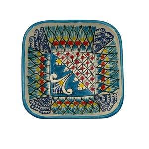 Uzbek ceramics | Ceramic Square Bowl | Hand-painted with Floral Patterns | Traditional Central Asian Design | Vibrant Turquoise Colors
