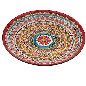 Uzbek ceramics | Ceramic plate | Hand-painted with Floral Patterns | Traditional Central Asian Design | Vibrant Reds and Blues