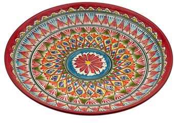 Plato de cerámica uzbeka pintado a mano: diseño floral tradicional (32 cm)