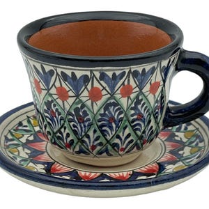 Uzbek Ceramics | Ceramic Coffee Set | Hand-painted with Floral Patterns | Traditional Central Asian Design | Vibrant Blues and Greens