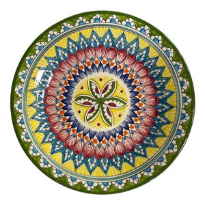 Handmade Uzbek Ceramic Plate: Green Floral Wall Decor (28cm)